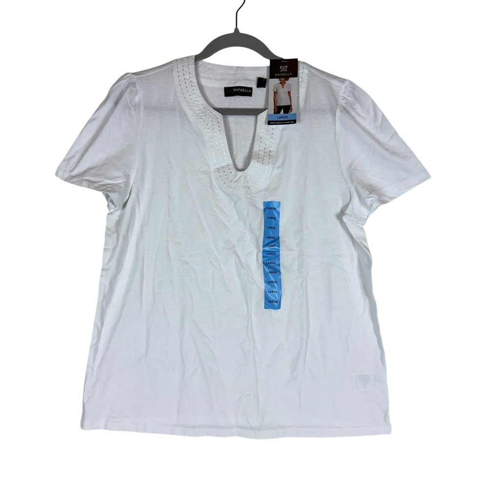 Rafaella Shirt Womens Large White V Neck Short Sleeve Embroidered Cotton Top